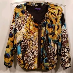 Silk bomber style jacket with peacock design